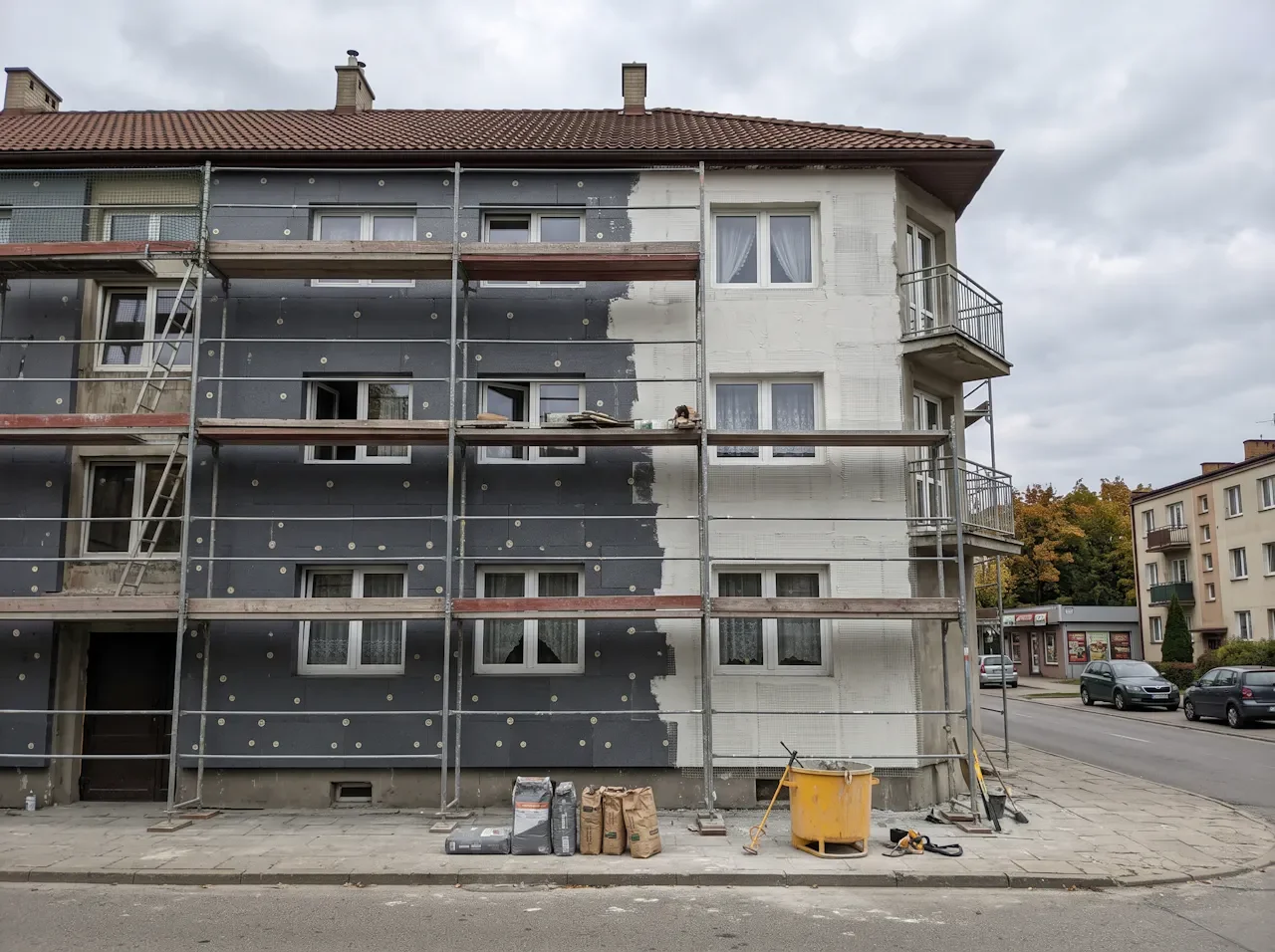 Ocieplenie elewacji styropianem grafitowym i warstwa zbrojąca z siatką