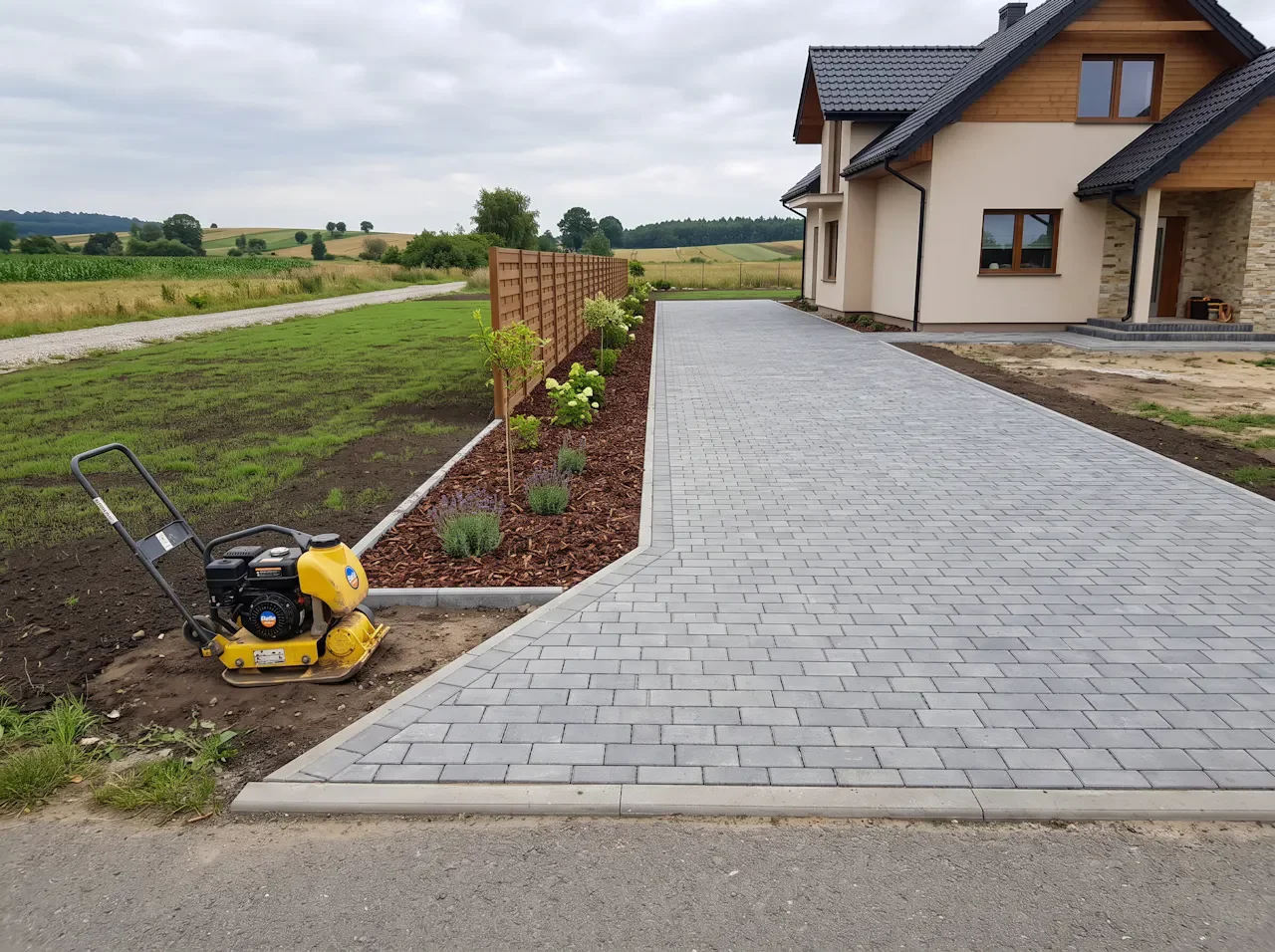 Podjazd z kostki brukowej i rabaty z korą przy nowym domu